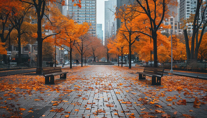 Wall Mural - A city street with a sidewalk and benches
