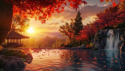 Wall Mural - A beautiful autumn scene with a waterfall and a small pavilion