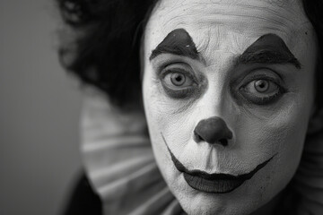 Aufkleber - Elegant black and white image of a mime making a sad face, with a plain backdrop,