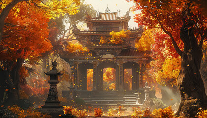 Wall Mural - A beautiful autumn scene with a temple in the background