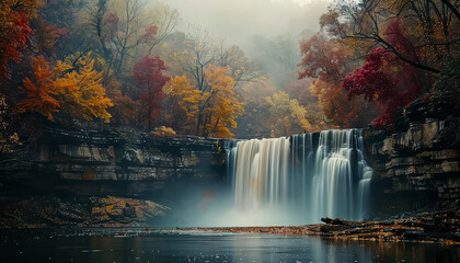 Wall Mural - A waterfall is flowing into a lake with trees in the background