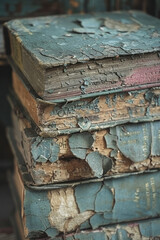Aufkleber - Elegant shot of a faded and torn book cover, emphasizing its well-loved condition,