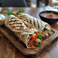 Delicious shawarma served on wooden board on table in cafe. Grilled pita wrapping chicken meat and fresh vegetables with sauce 