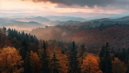 Wall Mural - A beautiful autumn scene with a mountain range in the background
