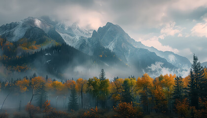 Wall Mural - The mountains are covered in snow and trees