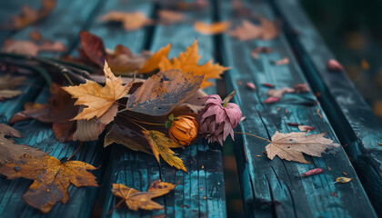 Wall Mural - A bouquet of flowers is on a wooden table with autumn leaves scattered around it