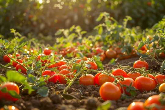 Ripe red tomatoes growing in the field