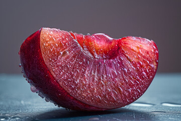 Aufkleber - Minimalist image of a bitten plum on a plain dark background,