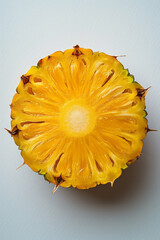 Poster - Minimalist image of a bitten pineapple slice on a clean white background,
