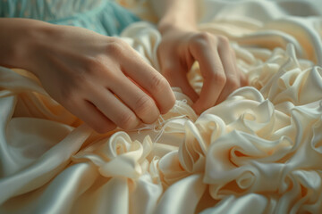 Poster - Minimalist image of a designer's hands sewing a garment with delicate, soft-colored threads.