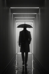 Poster - Minimalist image of a doorman holding an umbrella for a guest in a minimalist entrance,