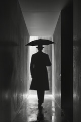 Poster - Minimalist image of a doorman holding an umbrella for a guest in a minimalist entrance,