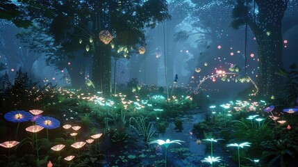 Wall Mural - An enchanted forest at twilight, illuminated by bioluminescent plants and flowers