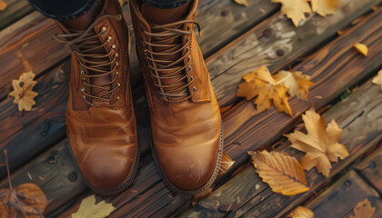 Wall Mural - A pair of brown boots with a brown laces are on a wooden platform