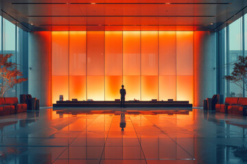 Poster - Minimalist image of a guest relations officer assisting a guest in a serene lobby,