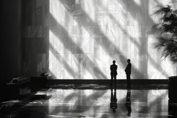 Poster - Minimalist image of a guest relations officer assisting a guest in a serene lobby,