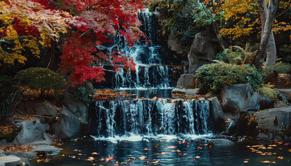 Wall Mural - A waterfall with red leaves falling into the water