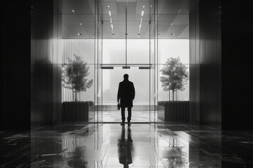 Poster - Minimalist image of a doorman opening a sleek glass door in a minimalist hotel entrance,
