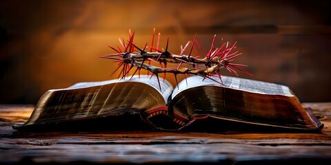 Wall Mural - Bible beneath Jesus' crown of thorns. Concept Religious Symbolism, Christian Iconography, Faith-based Imagery