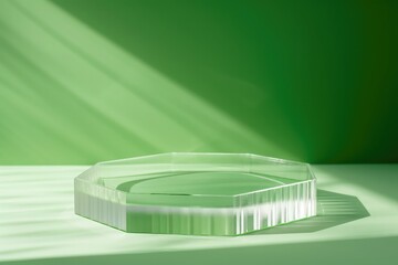 Poster - Glass podium with an empty circle on top of a translucent clear and green water texture with waves, Background of abstract nature for product display, Mockup for cosmetics in flat lay
