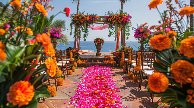 Beautiful wedding ceremony setup with colorful floral decorations and traditional elements