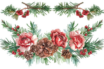 Wall Mural - A watercolor painting of a Christmas tree with red flowers and pine cones