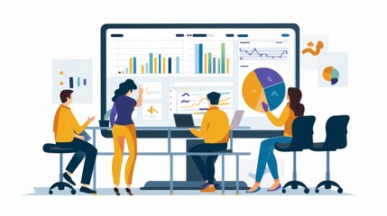 Poster - Marketing team analyzing a pie chart on a large monitor, discussing customer demographics
