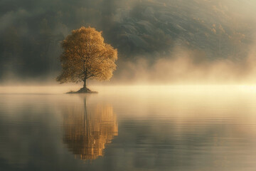 Wall Mural - A solitary tree standing by a calm lake at dawn, with gentle mist rising and the first light of day casting a golden glow, evoking a sense of peace and tranquility. 