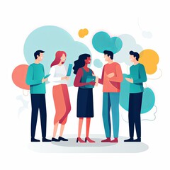 flat vector style illustration, a diverse group of people talking and collaborating