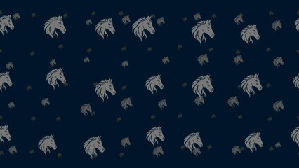Poster - Horse's head symbols float horizontally from left to right. Parallax fly effect. Floating symbols are located randomly. Seamless looped 4k animation on dark blue background