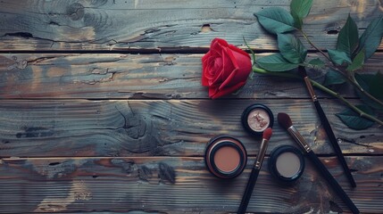 Wall Mural - Makeup items and a rose on a wooden surface