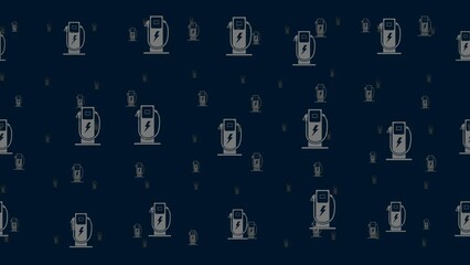 Poster - Electric charging station symbols float horizontally from left to right. Parallax fly effect. Floating symbols are located randomly. Seamless looped 4k animation on dark blue background