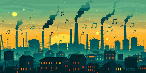 In an industrial scene, factories release musical notes blending art with industry, creating a surreal contrast of creativity and pollution in the cityscape sunset