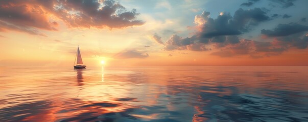 Wall Mural - Serene sunrise over a calm sea with a lone sailboat on the horizon, 4K hyperrealistic photo