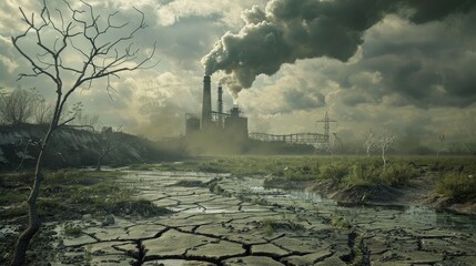 Wall Mural - Barren, polluted side with cracked earth, leafless tree and factory smoke Lush, green meadow