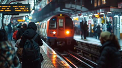 Aufkleber - Passengers waiting on a platform as a train arrives at a busy urban station during peak hours