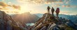 © Влада Яковенко - Friends exploring a mountain trail, reaching a summit with panoramic views, 4K hyperrealistic photo.