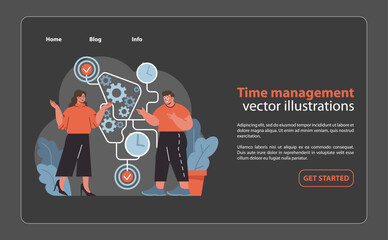 Poster - Effective Time Management Strategies set. Project managers coordinate tasks.
