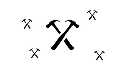 Poster - Zoom in and out animation the crossed hammers symbol. Large black symbol in the center and four small symbols around. Seamless looped 4k animation on white background