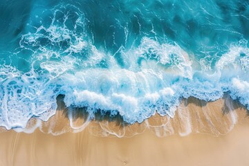 Wall Mural - Holidays Background. Aerial View of Ocean Waves on Beach with Beautiful Blue Water