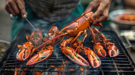 Wall Mural - Person grilling lobsters on a barbecue grill, adding smoky flavor to the tender seafood
