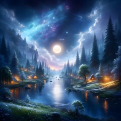 A stunning digital depiction of a magical landscape featuring a river beneath a moonlit sky, little, glowing flowers on the ground