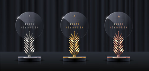 Wall Mural - Set of glass award trophy with palm branch. Transparent prize template with golden branch. Winner first place concept. Vector illustration.