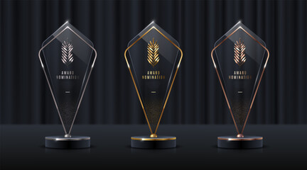 Wall Mural - Set of glass award trophy with palm branch. Transparent prize template with golden branch. Winner first place concept. Vector illustration.
