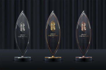 Wall Mural - Set of glass award trophy with palm branch. Transparent prize template with golden branch. Winner first place concept. Vector illustration.
