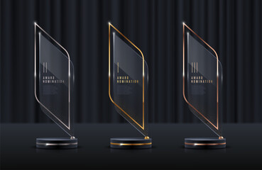 Wall Mural - Set of glass award trophy. Transparent prize template. Winner first place concept. Vector illustration.