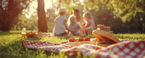 Canvas Print - Family having a picnic for National Picnic Month, enjoying delicious food in a sunny park, 4K hyperrealistic photo.