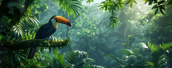 Sticker - Lush rainforest canopy with a vibrant toucan perched on a branch, 4K hyperrealistic photo