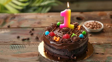 Celebrate your first birthday with a delicious chocolate cake adorned with a vibrant candle shaped like the number one.