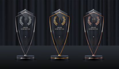 Wall Mural - Set of glass award trophy with laurel wreath. Transparent prize template with golden laurel branches. Winner first place concept. Vector illustration.
